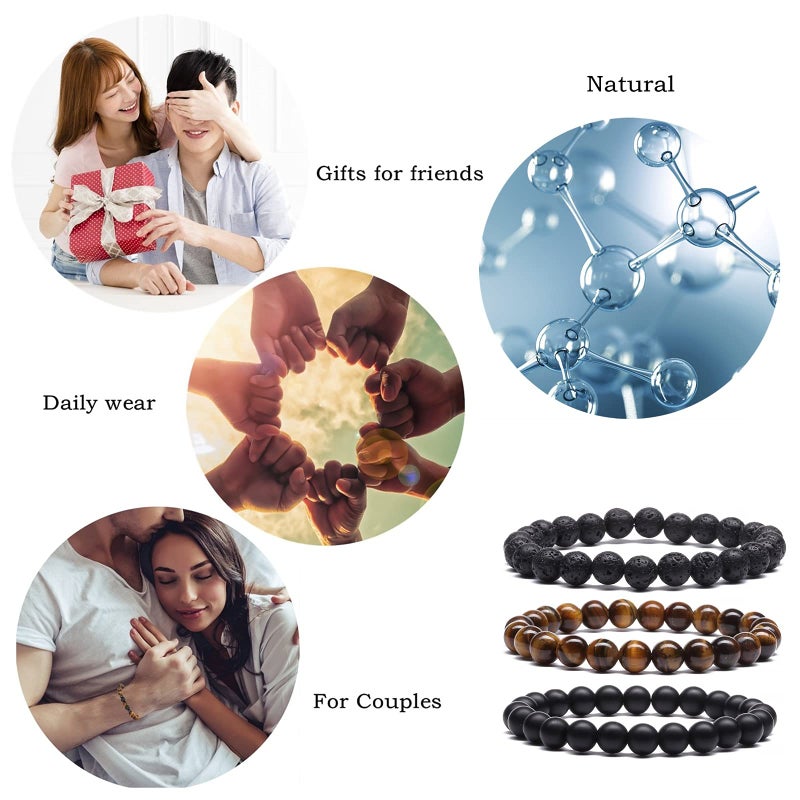 MengPa Mens Beaded Bracelets Couples Matching Bracelet Set Tiger Eye Matte Lava Rock Beads for Women Stone Jewelry (3Pcs-US4258ABC) - Image 2